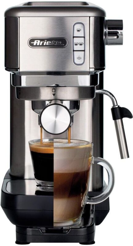 Ariete - 1380 Metal Slim Barista Espresso Coffee Maker Machine & Milk Frother for Powder or Pods, 15 Bar Pressure & Cup Warmer,1.1 liters, Stainless