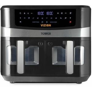 T17100, Vortx Vizion 9L Dual Basket Air Fryer with Digital control panel & 10 One-touch Pre-sets, Black - Tower