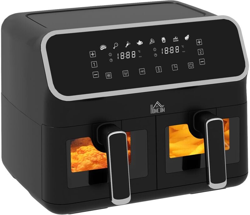 Homcom - Dual Air Fryer, 8L Family Size Double Air Fryer Oven with 8-In-1 Presets, Smart Finish, Digital Display, Visual Window, Recipe, Timer for