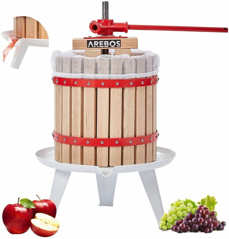 AREBOS Fruit Press 12L Manual Juicer i Berry press incl. press cloth, pressure plate and metal spindle i For all kinds of juice & vegetables - Tan, Red