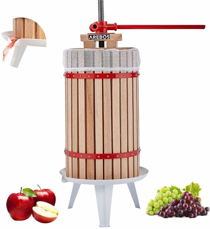 AREBOS Fruit Press 30L Manual Juicer i Berry press incl. press cloth, pressure plate and metal spindle i For all kinds of juice & vegetables - Tan, Red