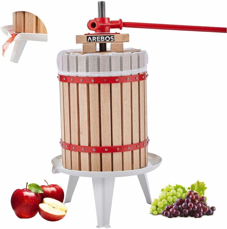 AREBOS Fruit Press 8L Manual Juicer i Berry press incl. press cloth, pressure plate and metal spindle i For all kinds of juice & vegetables - Tan, Red