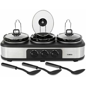 Tower - T16015 Three Pot Slow Cooker with Independent Temperature Controls, Keep Warm Function, 4.5L, Stainless Steel,Black