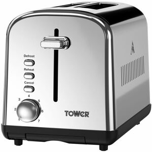 Infinity 2-Slice Toaster with 7 Browning Settings, Defrost, Reheat and Cancel Functions, Removable Crumb Tray, Stainless Steel, 900 w, Silver - Tower