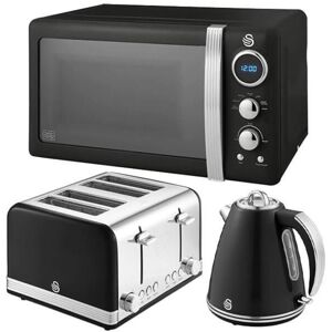 Swan Retro Black 1.5L Kettle, 4 Slice Toaster & 20L Digital Microwave Set