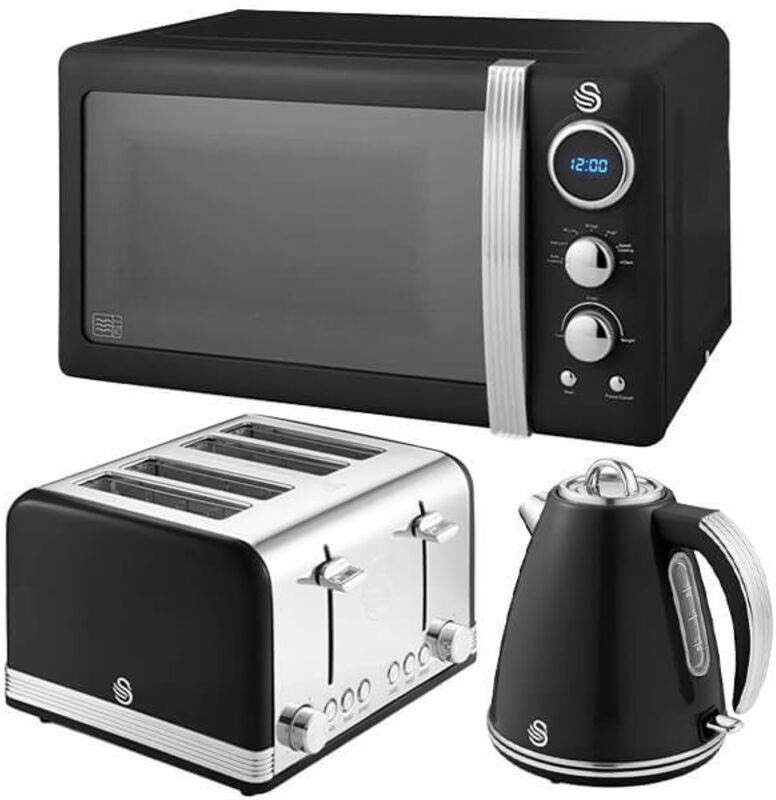 Swan Retro Black 1.5L Kettle, 4 Slice Toaster & 20L Digital Microwave Set