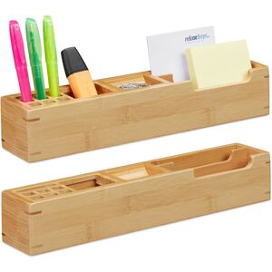 Relaxdays - 2x Desk Organiser Bamboo, 11 Compartments, Stationery Storage Box, Pencil Holder, hwd: 6 x 32 x 7 cm, Natural