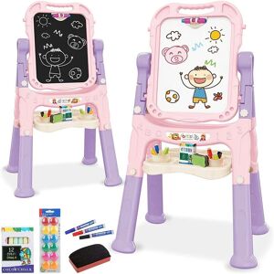 The Magic Toy Shop - Kids Folding Double Sided Magnetic Drawing Board Easel with Accessories - Colour Chalk, Eraser (Pink/Lilac) - pink