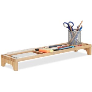 Bamboo Desk Organiser, 7 Compartments,Cable Conduit, Pen Holder, Smartphone and Tablet Tray, Natural - Relaxdays