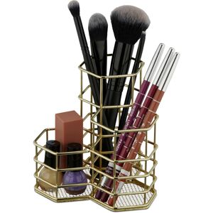 Relaxdays - Brush Holder, 3 Compartments, Hexagon, h x w x d 12.5 x 12 x 12.5 cm, Wire, Pen Holder, Organiser, Gold