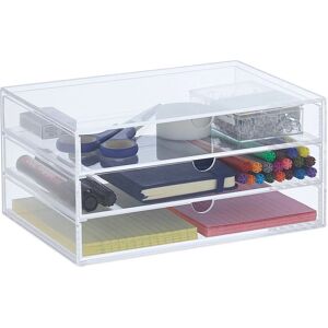 Relaxdays - Plastic Organiser Box, Three Drawers, Acrylic, Storage, Compartments, HxWxD: 11.5x23.5x16.5 cm, Transparent