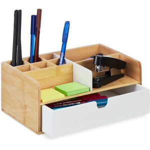 Desk Organiser, 1 Drawer, 9 Compartments, Bamboo, HxWxD: 10 x 25 x 15.5 cm, Utensils Storage, Natural/White - Relaxdays