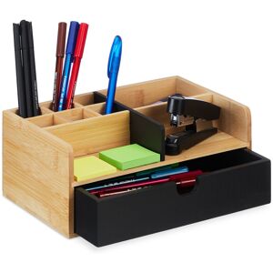 Relaxdays - Desk Organiser, 1 Drawer, 9 Compartments, Bamboo, HxWxD: 10 x 25 x 15.5 cm, Utensils Storage, Natural/Black