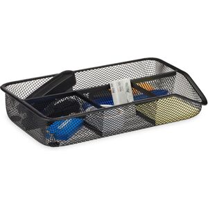 Desk Organiser, 4 Compartments, Small Office Drawer Insert, Metal Mesh, Flat Stationery Tray, Black - Relaxdays