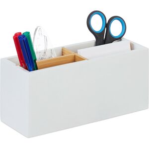 Relaxdays - Desk Organiser, Bamboo, 4 Compartments, for Office Supplies & Cosmetics, Pen Holder, hwd: 8 x 21 x 9 cm, White