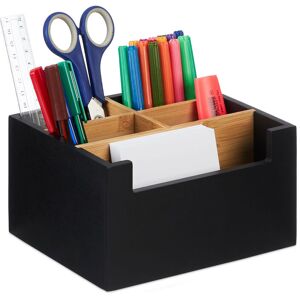 Relaxdays - Desk Organiser, Bamboo, 5 Compartments, for Office Supplies & Cosmetics, Pen Holder, 9.5 x 18 x 15 cm, Black