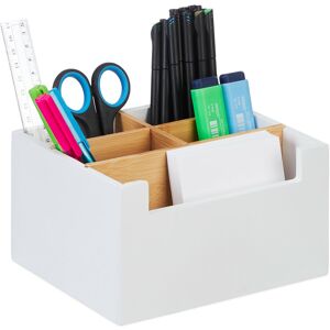 Relaxdays - Desk Organiser, Bamboo, 5 Compartments, for Office Supplies & Cosmetics, Pen Holder, 9.5 x 18 x 15 cm, White