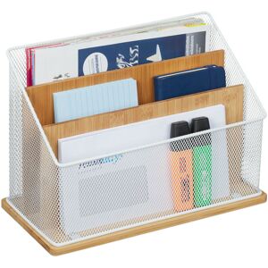 Relaxdays - Desk Organiser, Metal & Bamboo, 3 Compartments, Letter Tray, Paper Stand, hwd: 20 x 29 x 14 cm, White/Natural