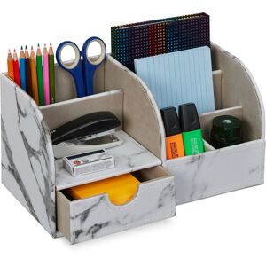 Relaxdays - Desk Organiser, Office, with Drawer and 6 Compartments, Merble Look, hwd: 14.5 x 28 x 14.5cm, Pen Holder, Grey