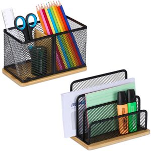 Desk Organiser, Set with 2 Pieces, Letter Stand & Pen Holder, for Office, Metal and Bamboo, Black/Natural - Relaxdays