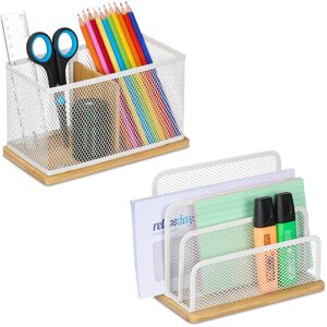 Desk Organiser, Set with 2 Pieces, Letter Stand & Pen Holder, for Office, Metal and Bamboo, White/Natural - Relaxdays