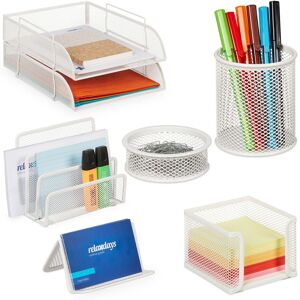 Relaxdays - Desk Organiser Set, 7 Pieces, Filing Trays, Note Box, Letter, Paperclip & Pen Holder, Metal, White