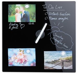 Glass Magnetic Dry Erase Memo Board, Writable, 3 Magnets, Safety Glass Magnet Board 40 x 40 cm, Black - Relaxdays