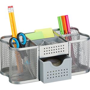 Mesh Desk Organiser, Pen Holder & Drawer, Pen Pot, Pen Holder, Steel, hbt 10 x 23.5 x 11.5 cm, Silver - Relaxdays