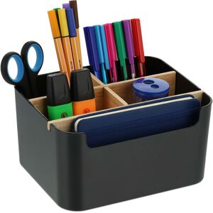 Relaxdays - Desk Organiser, 5 Compartments, Plastic and Wood, h x w x d: 9,5 x 18 x 15 cm, Black