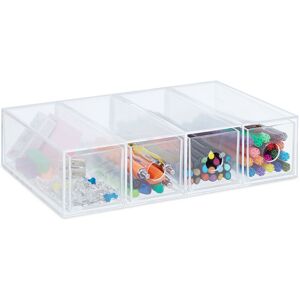 Plastic Organiser Box, Four Drawers, Acrylic, Extra Storage, Compartments, HxWxD: 6x25x17.5 cm, Transparent - Relaxdays