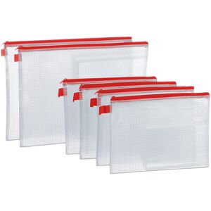 Relaxdays - Set of 6 File Folders, Zipper Bag with Loop, din A4 & A5, pvc Document Bags, Transparent/Red