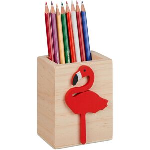 Relaxdays - Relxdays Pen Holder with Bright Flamingo, Stationery & Small Items Storage, Pine Wood, hwd: 10 x 8 x 6 cm, Natural/Red