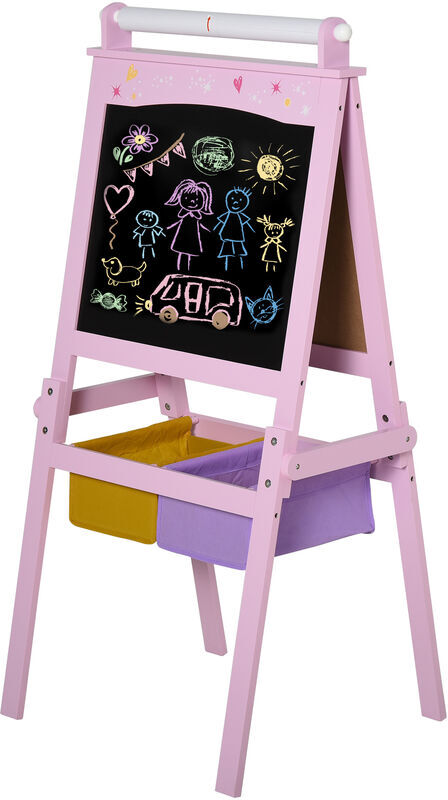 Kids Wooden Art Easel with Paper Roll Double-Sided Chalkboard, Whiteboard - Pink - Homcom