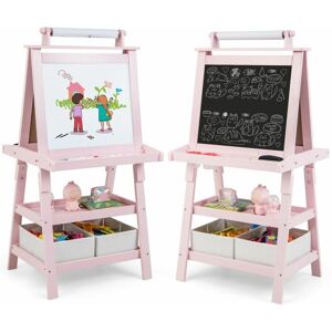 Costway - 3 in 1 Kids Art Easel Double-Sided Blackboard Magnetic Whiteboard w/ Paper Roll