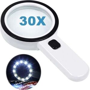 Reading magnifier with 12 LED lights, double glass lens and 30x magnification. For easy reading of coins, stamps and maps. Reading magnifier with 12 LED lights, double glass lens and 30x magnification. For easy reading of coins, stamps and maps.