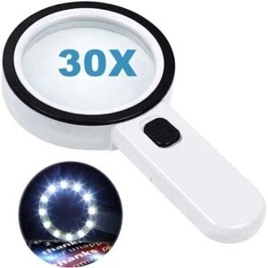 Reading magnifier with 12 LED lights, double glass lens with 30x magnification. For easy reading of coins, stamps, and cards. Ideal for those with Reading magnifier with 12 LED lights, double glass lens with 30x magnification. For easy reading of coins, stamps, and cards. Ideal for those with