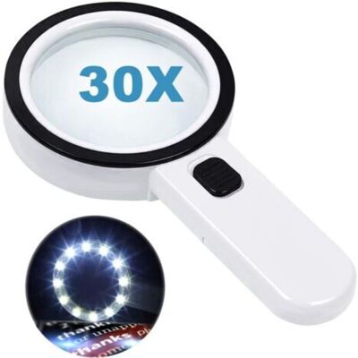 MCBOSON Reading Magnifier with 12 LED lights, Double Glass Lens with 30x magnification. For Easily Reading Coins, Stamps, Maps. Ideal for Macular Degeneration MCBOSON Reading Magnifier with 12 LED lights, Double Glass Lens with 30x magnification. For Easily Reading Coins, Stamps, Maps. Ideal for Macular Degeneration