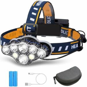 Langray - 8 Mode Rechargeable led Headlamp, Super Bright 8 led Headlamp, with Warning Light, usb and 2 Waterproof Batteries, for Camping, Fishing,