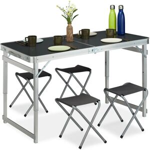 Camping Table Set, Foldable, 4 Chairs, Foldable, Height Adjustable, 120 x 60 cm, Aluminium, mdf, Silver/Grey - Relaxdays