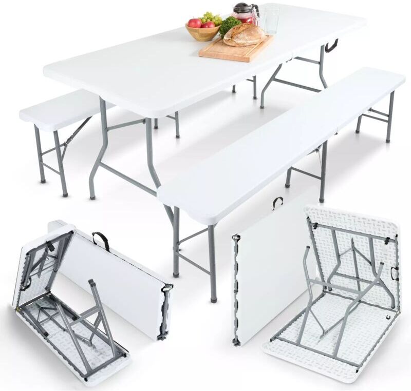 Arebos - beer tent set 3-piece set table + 2 x bench indoor - outdoor tent set beer table set foldable & with carrying handle camping table white