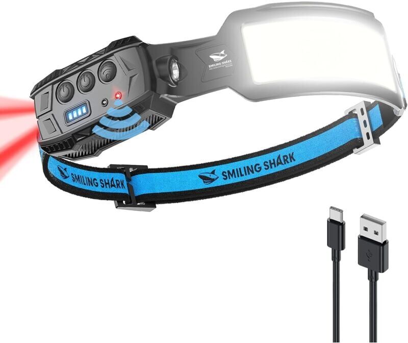 Gotrays - Headlamp, Head Lamp led Rechargeable 6 Modes 7White Lights 270° Lighting Width Motion Sensor Red Tail Light for Camping Fishing Running