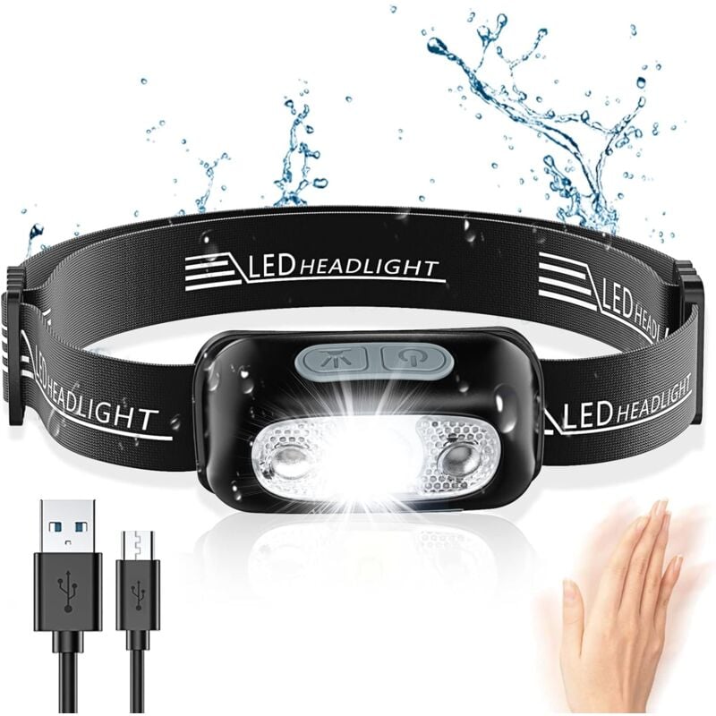 Longziming - Headlamp, Powerful led Headlamp with Motion Sensor, IPX6 Waterproof, 4 Light Modes, usb Rechargeable Professional Headlamp for Camping,