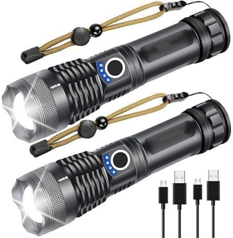 IKODM Led Flashlight Torch 2 Pack, XHP50 usb Rechargeable Torch IPX4 Waterproof, 5 Lighting Modes, Telescopic Zoom Flashlight for Camping, Hiking,