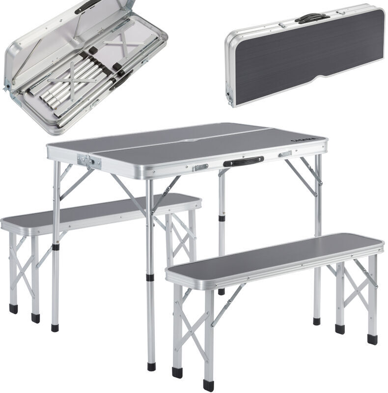 Casaria - 3pc Lightweight Folding Picnic Table and Bench Set Portable Weatherproof Height Adjustable Camping Table with Benches Foldable 4 Person
