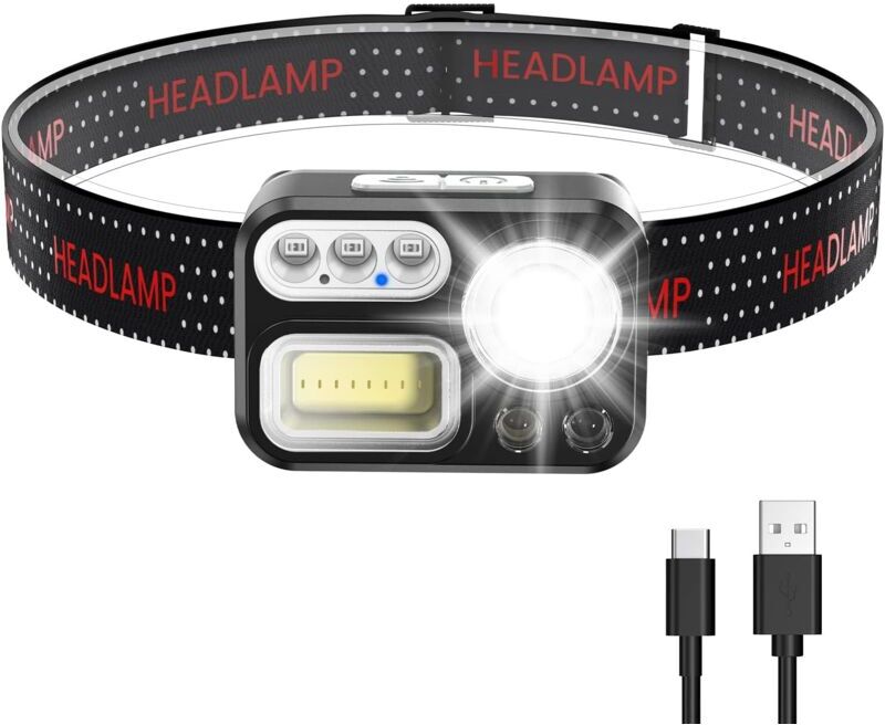 Memkey - Powerful Rechargeable Headlamp, 8 Modes led Head Torch, 2200 Lux White Light and Emergency Light, 45° Adjustable, IP65 Waterproof and