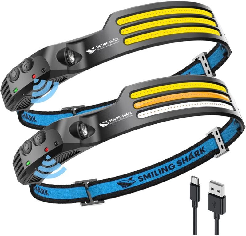 AIPERQ Smiling Shark Headlamp, 2-Pack 230° Wide Angle 3 x Multicolor led Strip Rechargeable Waterproof Motion Sensor for Camping Hiking led Headlamp Camping