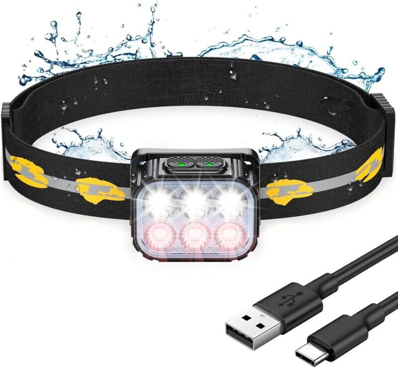 IKODM Ultra Powerful led Headlamp, Rechargeable Waterproof Headlamp with Red Light, 6 Lighting Modes & 36H Battery Life, 350LM Lightweight Head Torch for