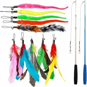 HOOPZI 12 pcs Cat Feather Toy, Stick Toy Cat Fishing Rod with 2 pcs Interactive Retractable Rod, 10 pcs Replacement Feather with Pendant, Telescopic Pole