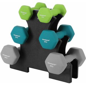 Songmics - Hex Dumbbells Set with Stand - 2 x 1 kg, 2 x 2 kg, 2 x 3 kg, Lime, Teal and Grey, Neoprene Matte Finish, Fitness Weight Exercise for Home