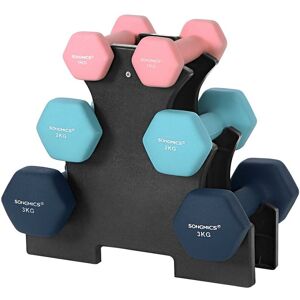 Songmics - Hex Dumbbell Set with Storage Rack—2 x 1 kg, 2 x 2 kg, 2 x 3 kg, Neoprene Matte Finish, Fitness Weight Exercise for Home Gym, Pink, Aqua,